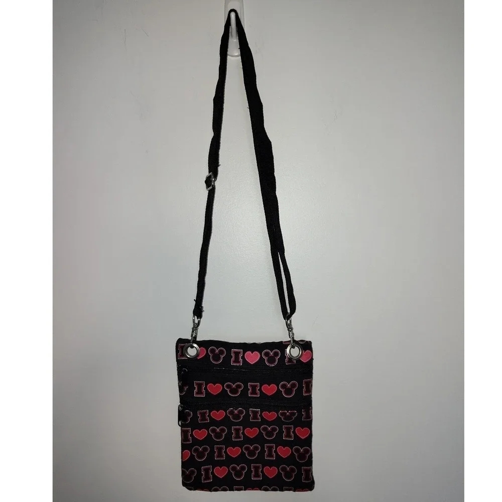 Disney Mickey Mouse Crossbody Passport Bag Triple‎ Zip Black Pink Heart Travel